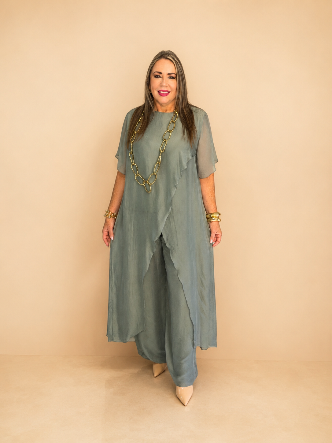 Set de seda de dos piezas/ blusa larga y pantalón