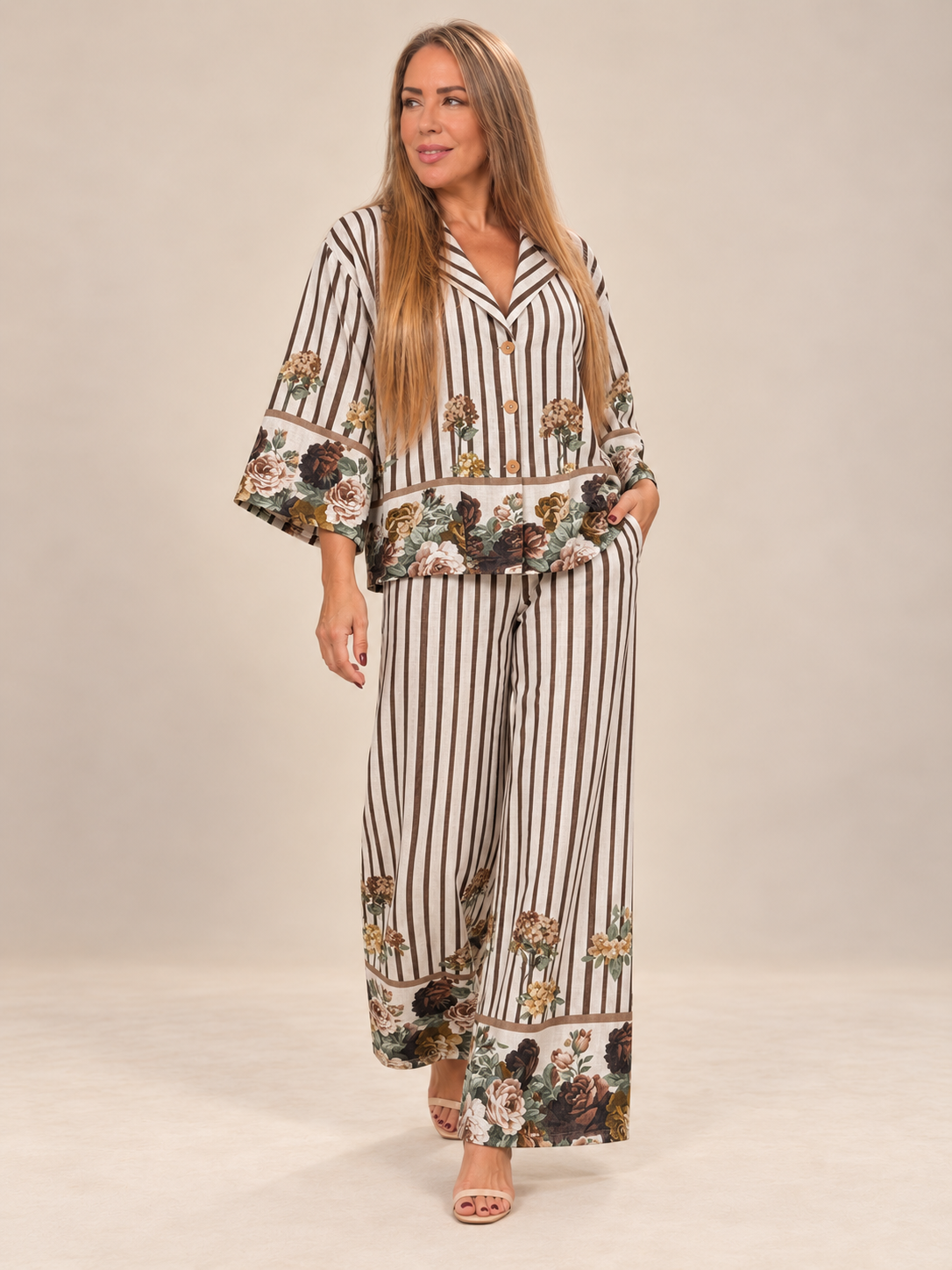 Set de Lino Floral – Chaqueta + Pantalón Palazzo