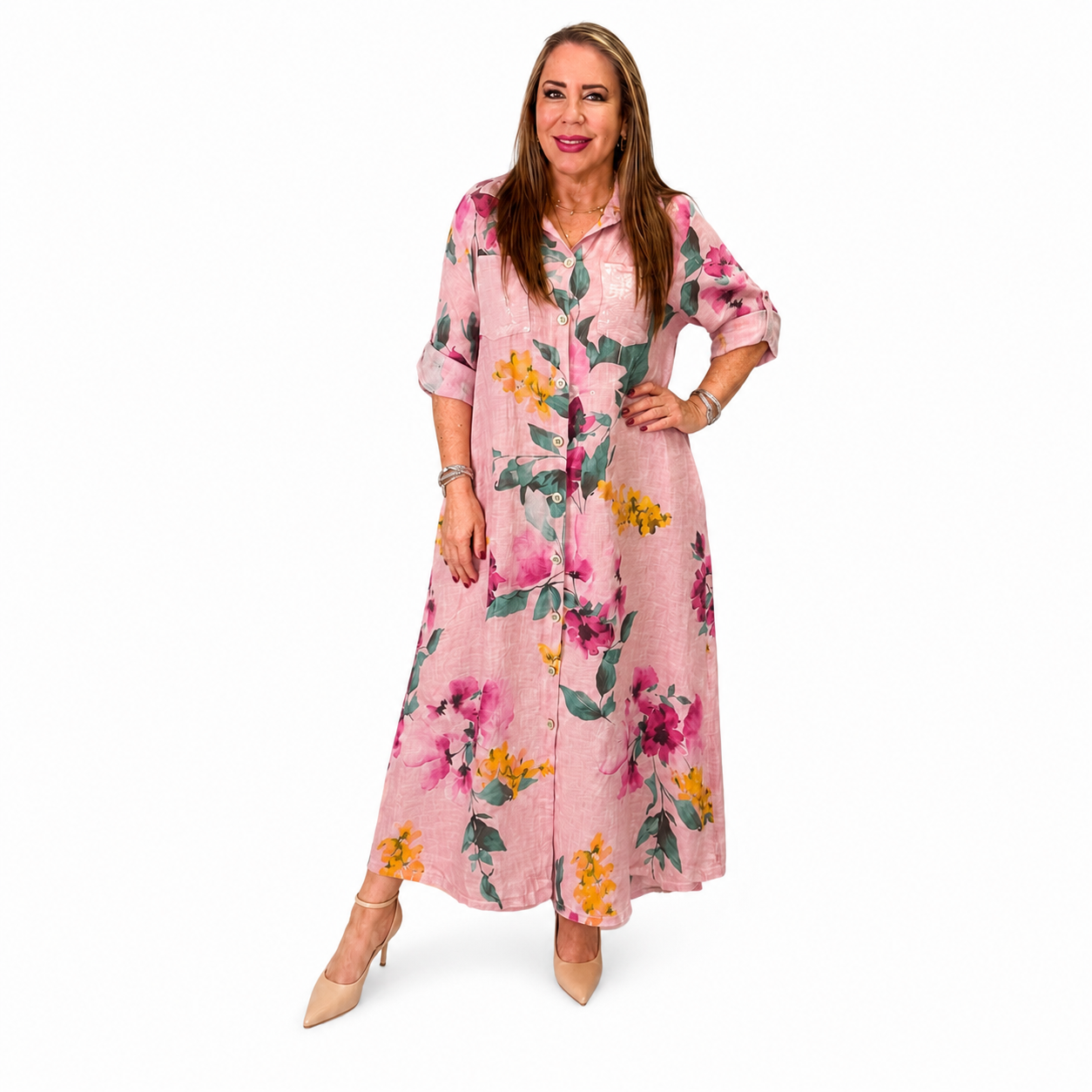 Vestido camisero de lino estampado