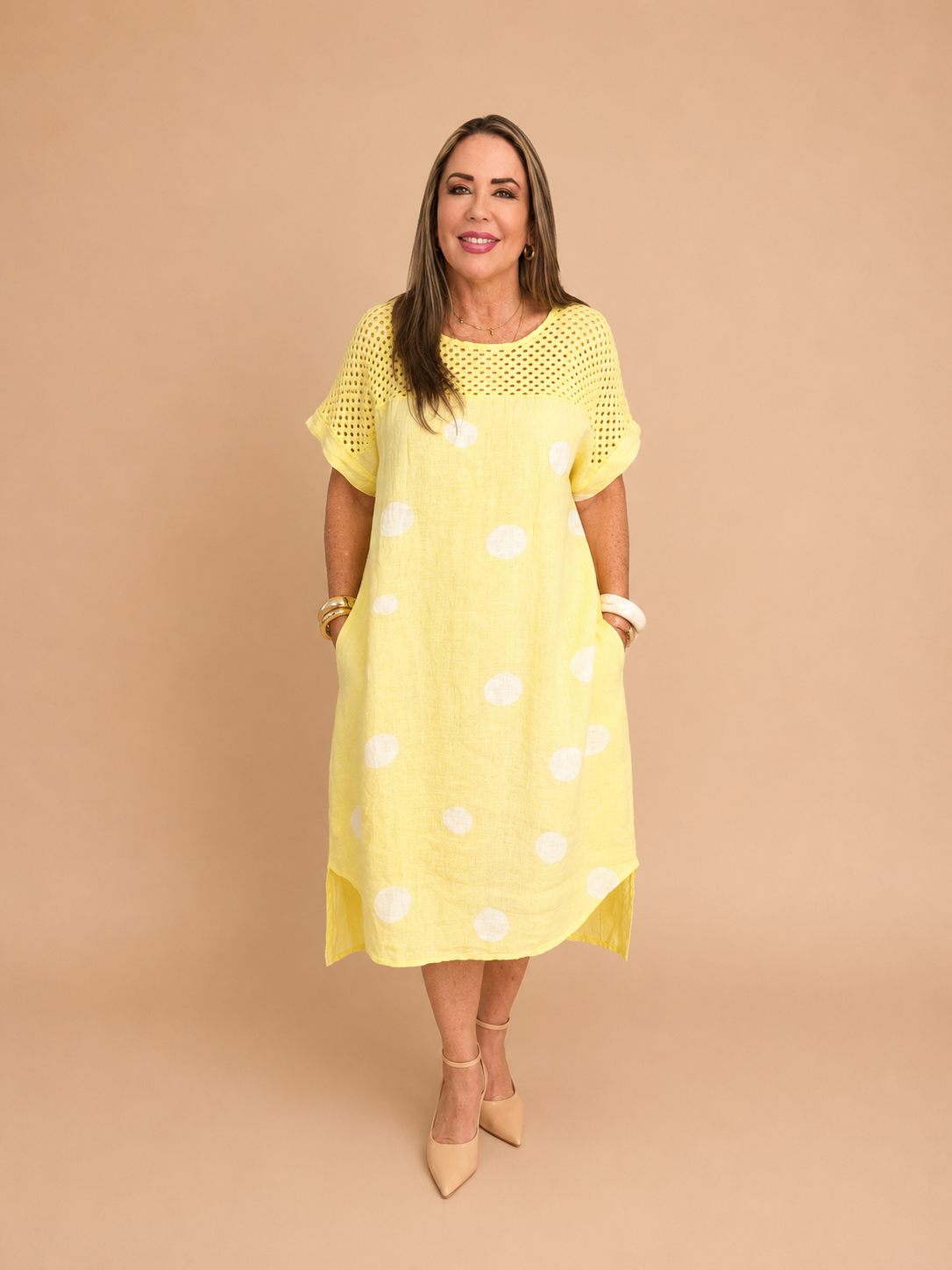 Vestido de Lino Lunares Amarillo Mantequilla