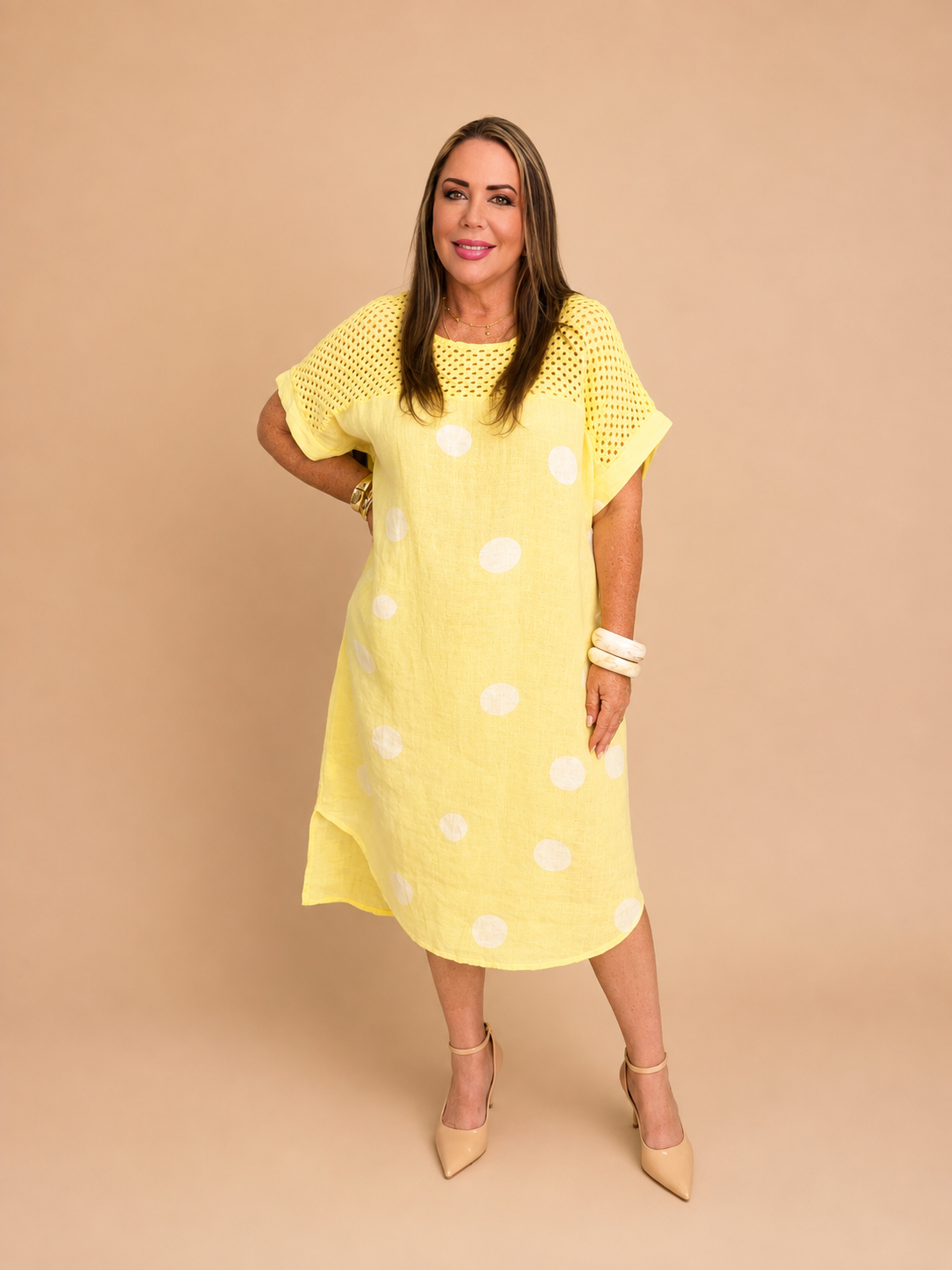 Vestido de Lino Lunares Amarillo Mantequilla