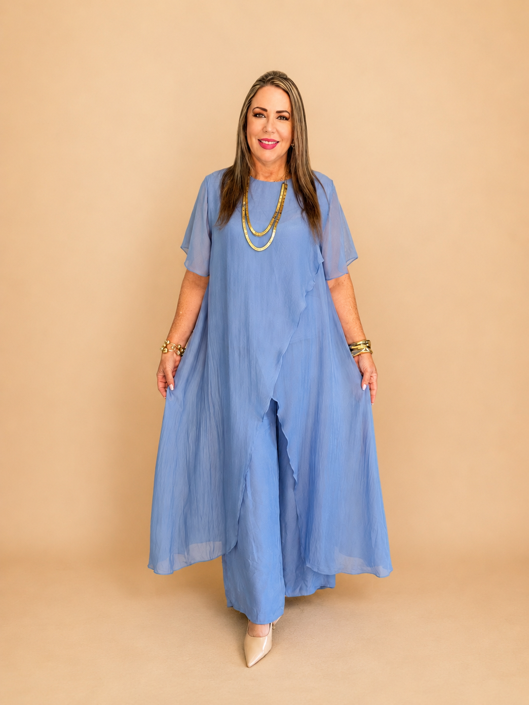 Set de seda de dos piezas/ blusa larga y pantalón