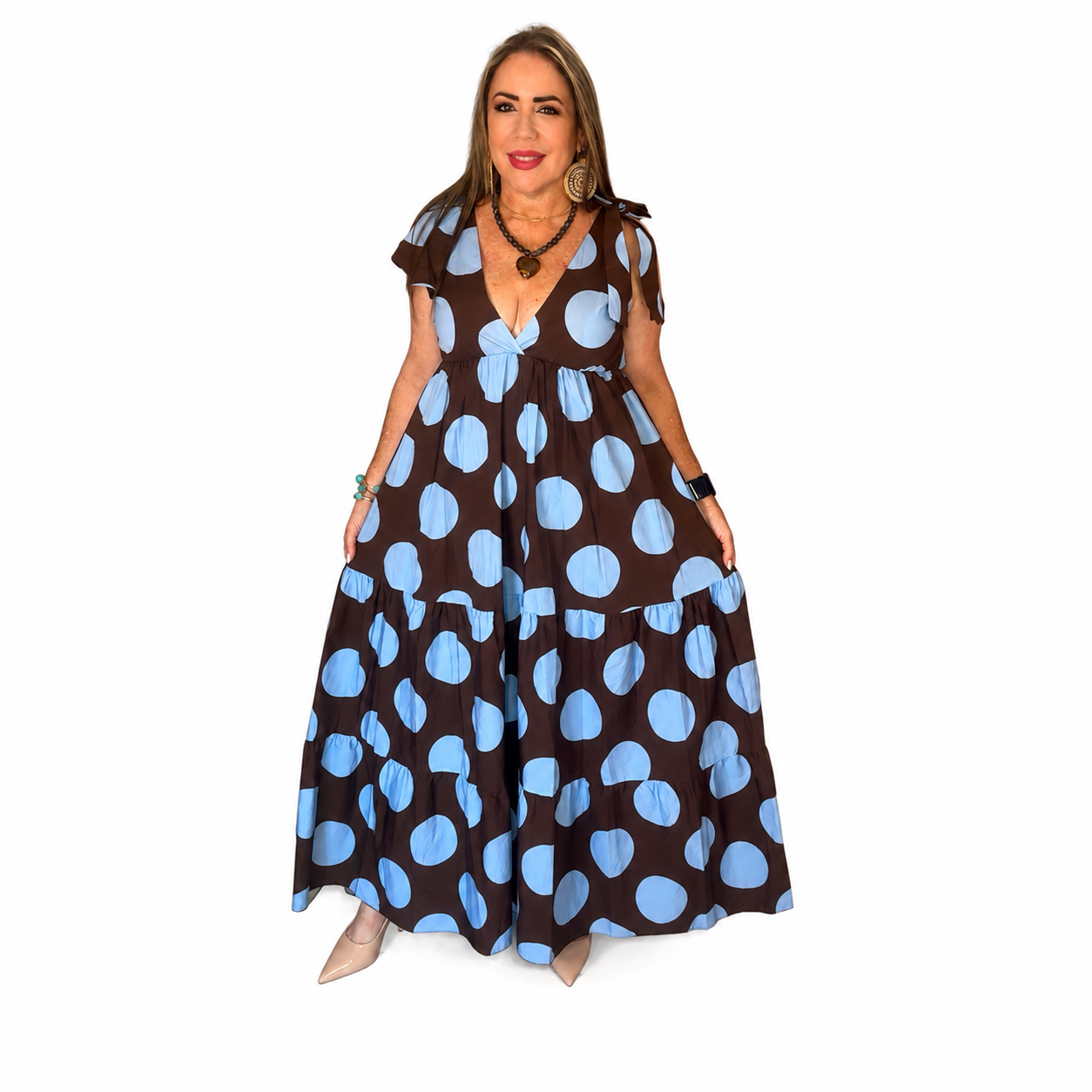Vestido Largo de Lunares con Escote en V