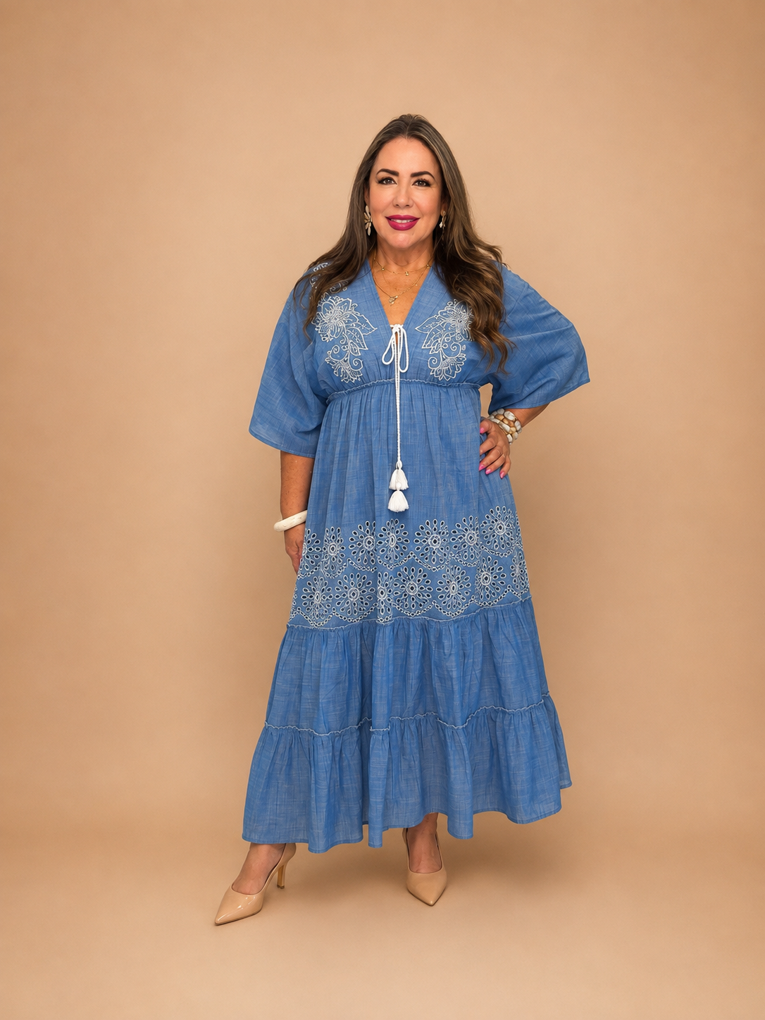 Vestido Largo de Algodón Bordado ✨🤍💙