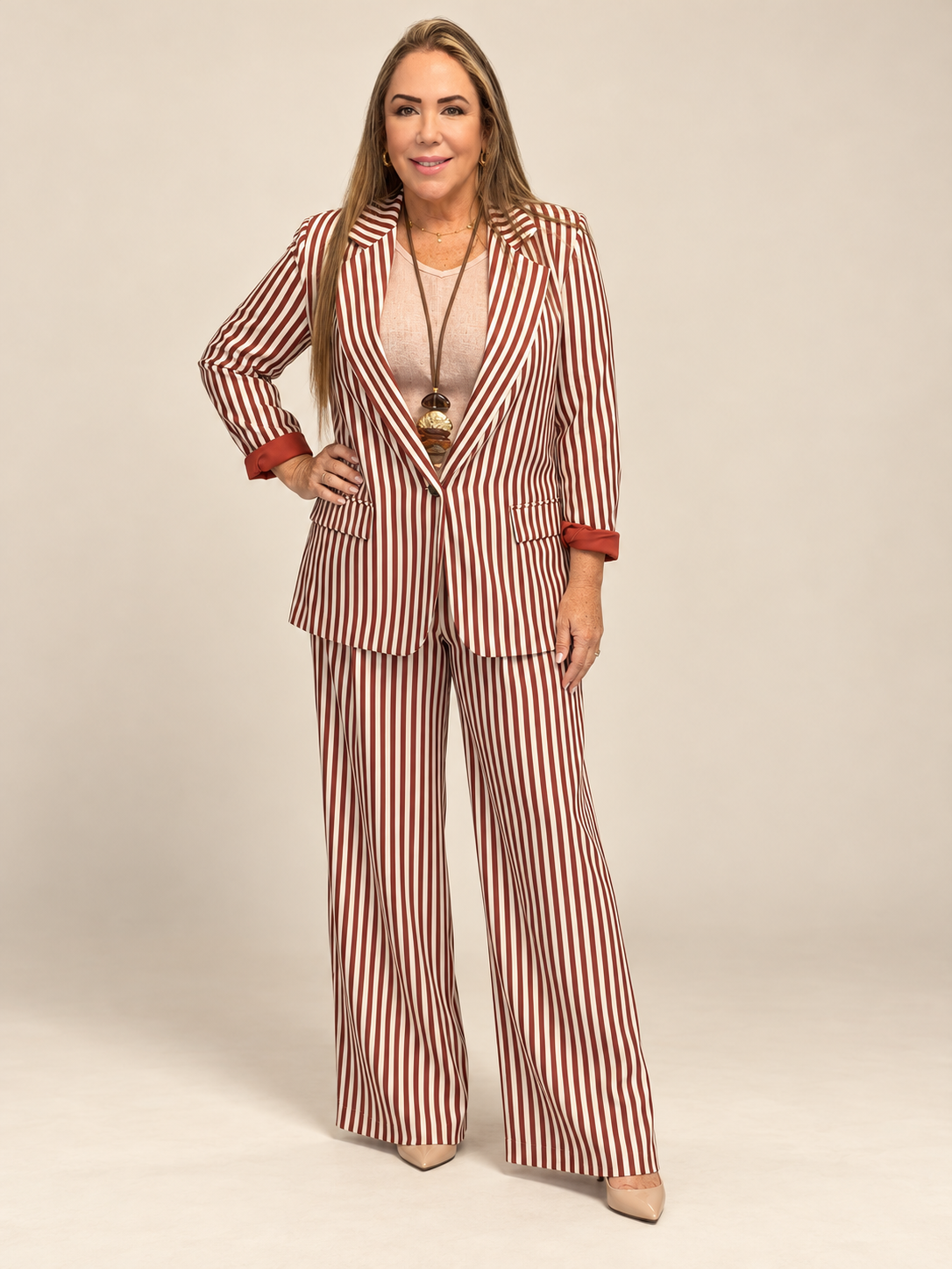 ✨ Set Elegancia a Rayas – Blazer y Pantalón Palazzo