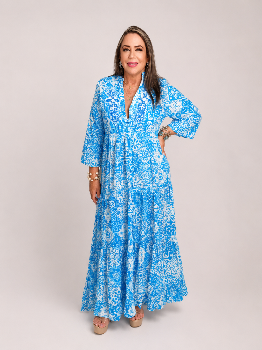 Vestido Maxi Estampado Azul Mediterráneo