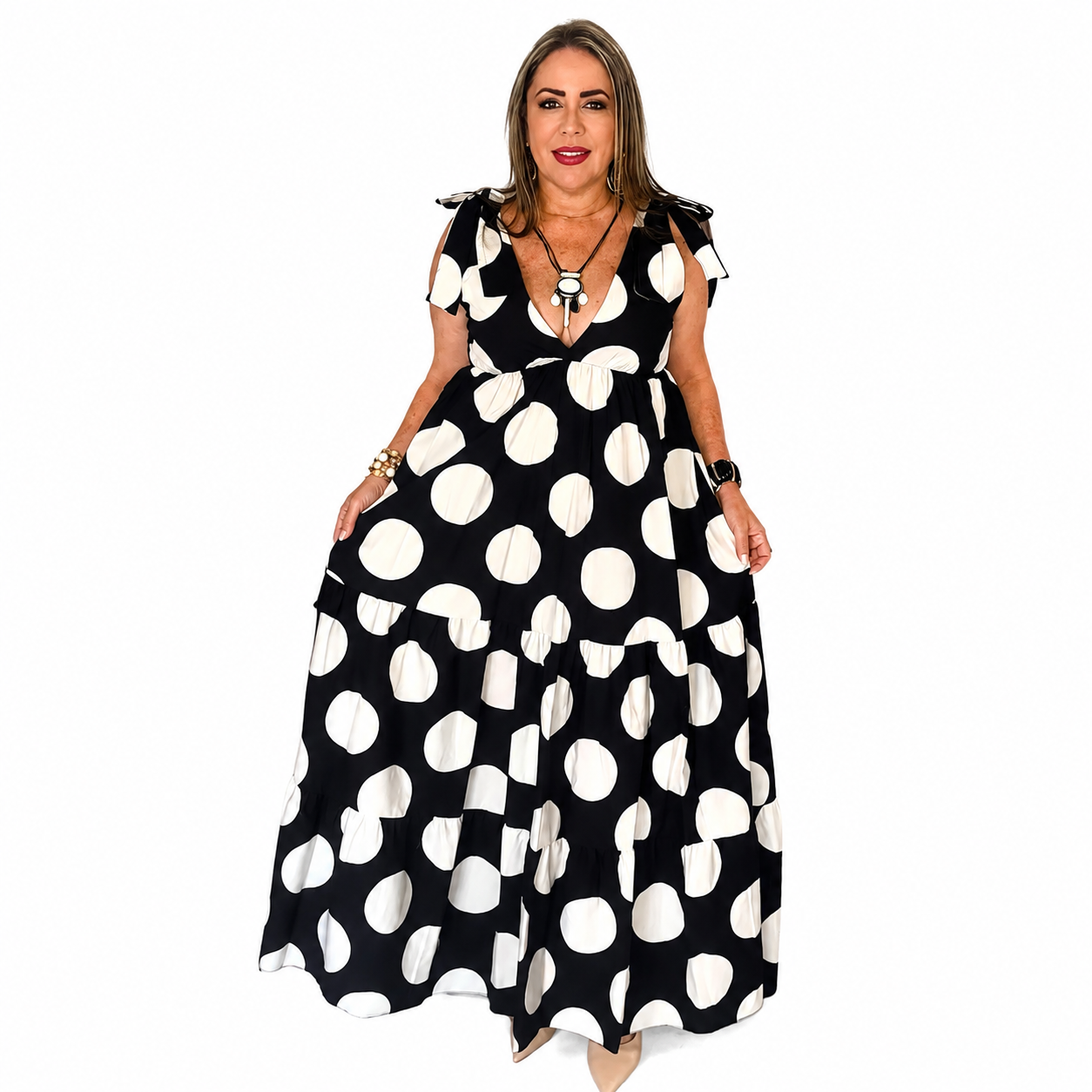 Vestido Largo de Lunares con Escote en V