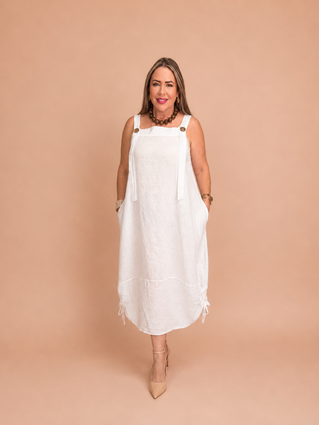 Vestido de Lino Midi con Tirantes y Bolsillos
