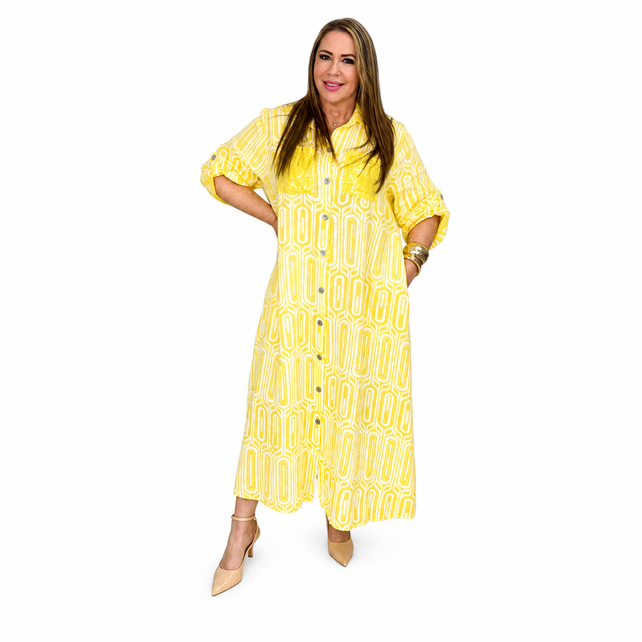Vestido camisero de lino estampado