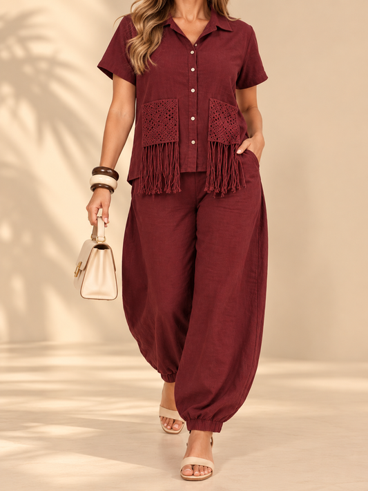 Set de Lino 2 Piezas – Blusa con Flecos + Pantalón ✨