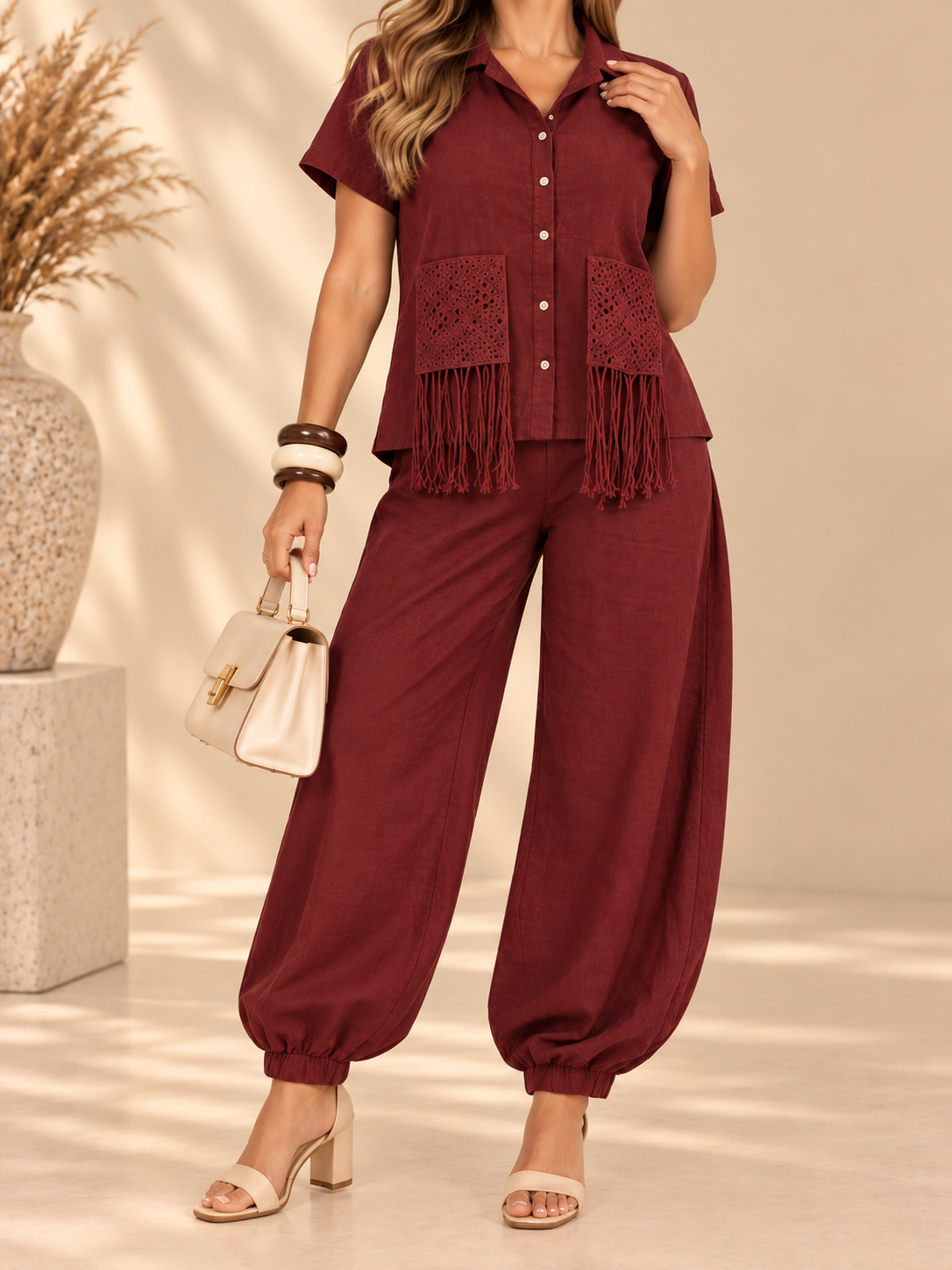 Set de Lino 2 Piezas – Blusa con Flecos + Pantalón ✨
