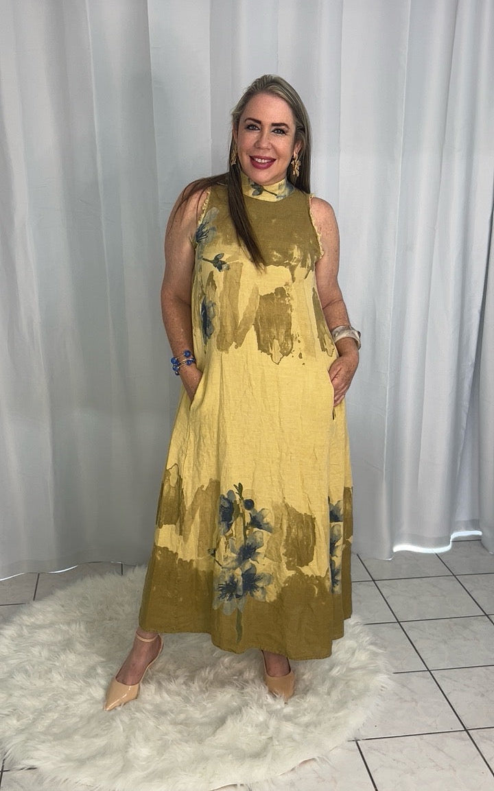 Vestido largo de lino estampado